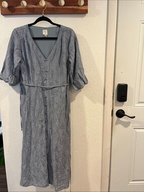 Joie Dusty Blue Button-Front V-Neck Midi Dress